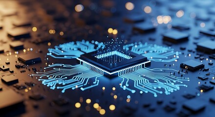 A closeup of a microchip with glowing blue circuit connections