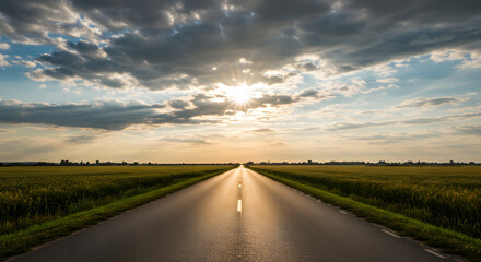 Fototapeta premium Road to the Horizon: Scenic Asphalt Highway at Sunset high quality