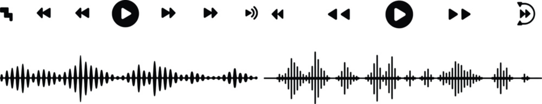 Black audio waveforms and media player icons sound music