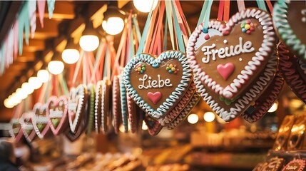 Close-up of Oktoberfest heart-shaped gingerbread cookies with German messages hanging in a stall, tradition, color image, germany, german culture, heart shape, beer festival, munich