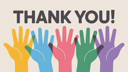 Gratitude with Raised Hands — Colorful Group of Diverse Hands Lifted Beneath “THANK YOU!” Text on Beige Background Symbolizing Unity and Appreciation