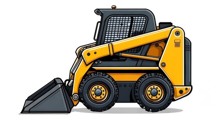 Detailed cartoon illustration of a yellow and black compact skid steer loader, isolated on a white background.