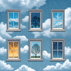 sky full of floating windows with different weath