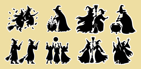Naklejka premium Black silhouettes of witches in hats and cloaks with brooms and cauldrons vector collection