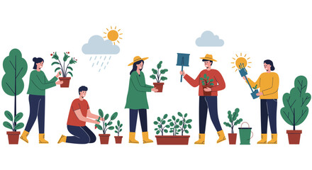 Fototapeta premium People Gardening and Planting Plants in Pots.