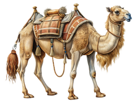 Illustration of a dromedary camel with a saddle and tassels on a transparent background