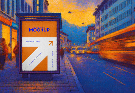Illustrated City Billboard Mockup &ndash; Artistic Urban Street Poster Display at Dusk