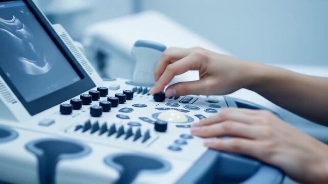 Medical technician using ultrasound machine in clinical setting