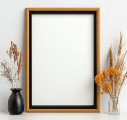 Obraz premium Vintage Wooden Photo Frame with Distressed Finish, A4 Size, Set Against a Clean White Wall and Accompanied by Simple White Photo Mat for Classic Artwork Presentation