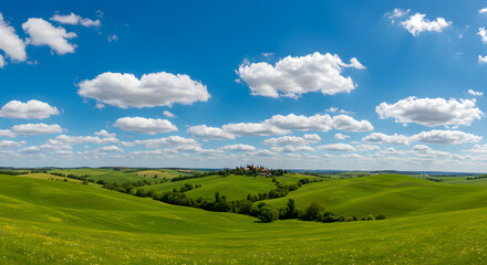 Fototapeta premium Rolling Green Hills Under a Sunny Blue Sky with Clouds high quality