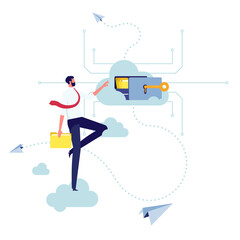 Cloud server service storage backup concept, man working backup file in folder on cloud server