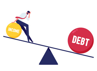 Concept illustration about installment debt, income and debt with seesaw showing higher debt than income, businessman failure to balance between debit and income on the seesaw