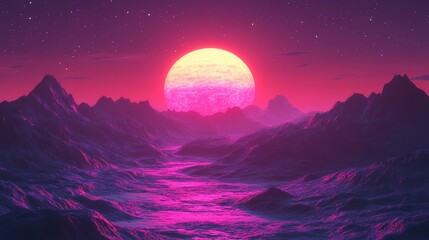 Synthwave Sunset: A Retro-Futuristic Landscape of Mountains and Stars