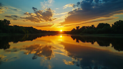 Obraz premium A tranquil moment watching the sunset mirrored in the water on a midjourney evening 