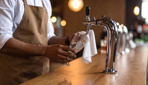 Bartender cleaning a beer glass - Powered by Adobe