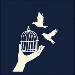 Fototapeta premium A minimalist illustration of a hand releasing a bird to fly free above an open birdcage. The white on dark blue design symbolizes letting go, peace, compassion, and granting freedom