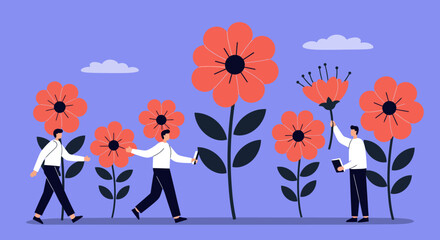 People Interacting with Giant Flowers in Illustration.
