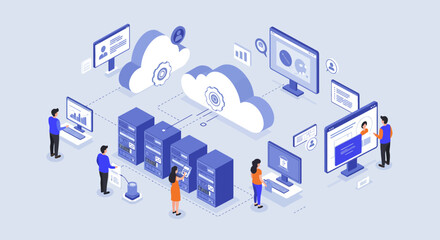 Isometric Illustration of Cloud Computing and Data Servers.
