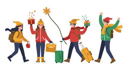 Cheerful People Traveling with Gifts and Luggage.