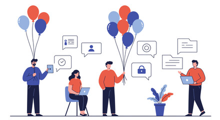 Group of People with Balloons and Technology.