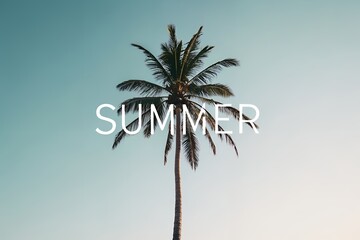 Tropical palm tree silhouette against a fading summer sky with the word summer