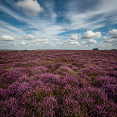 Obraz premium Vibrant Heathland Vista: Low-Lying Vegetation Under a Blue Sky, High Detail. 