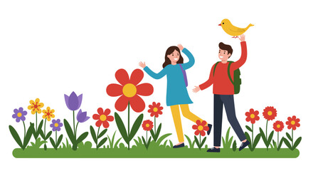 Cheerful Couple Enjoying a Sunny Day with Flowers and Bird.