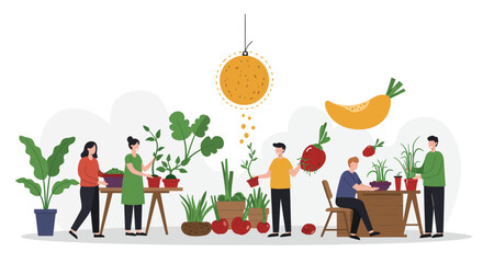 People Gardening and Harvesting Vegetables Together Illustration.