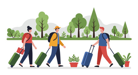 Group of People Walking with Luggage Outdoors.