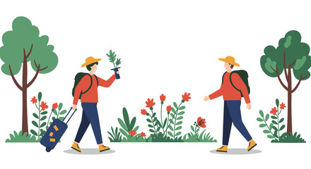 Two Travelers Walking in Nature Greeting Each Other.