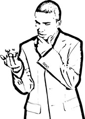 Thinking business man holding piggy bank