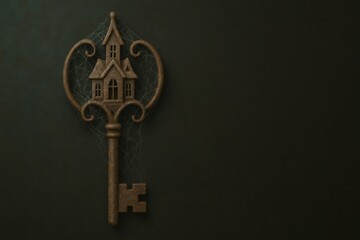 Rusty Metal Haunted House Key Illustration Dark Background Cobweb Details Eerie Atmosphere Unique Perspective