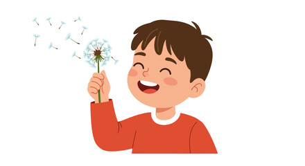 Happy Boy Blowing Dandelion Seeds into the Air.