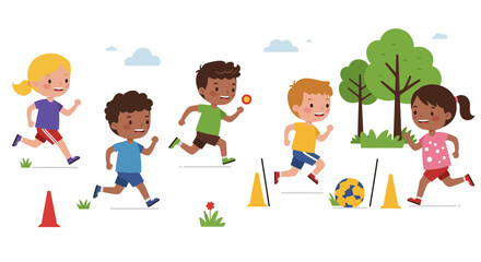 Cartoon Children Running and Playing Sports Outdoors.