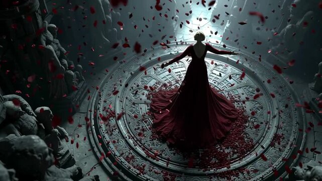 Vampire Queen Levitating Above Ritual Circle of Blood and Petals
