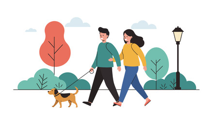 Couple Walking Dog in Park Vector Illustration.
