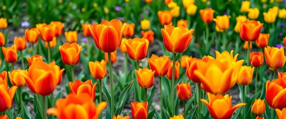 Vibrant orange, red, and yellow tulips blooming in a Dutch garden in Lisse, South Holland,  orange,  Keukenhof