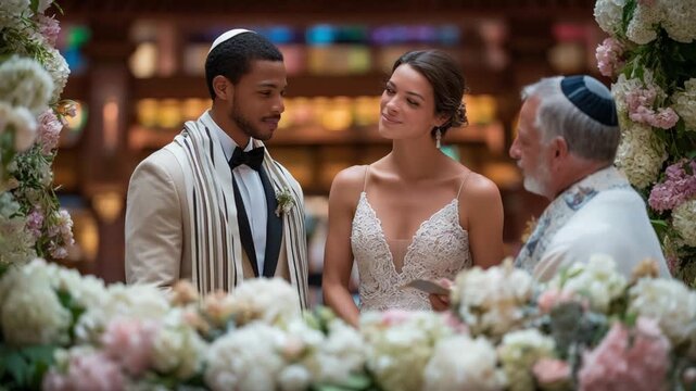 Experience a traditional Jewish Chuppah ceremony with a Rabbi, beautifully adorned with floral decorations.
