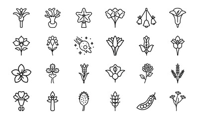 Collection of 24 Minimalist Flower and Botanical Icons in Black Line Art Style on White Background – Simple, Elegant Silhouette Floral Vector Set for Nature, Garden, Spa, Organic, and Eco Design Proje