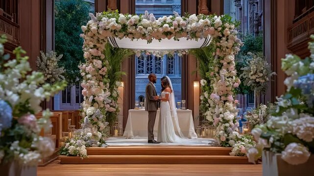 Experience a traditional Jewish wedding ceremony under a beautifully adorned floral chuppah, officiated by a rabbi.