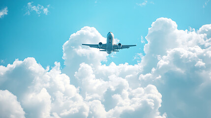 An airplane flying amidst cumulus clouds in a clear blue sky
