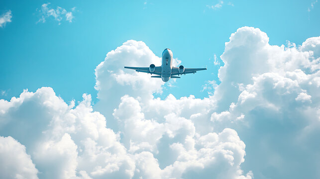  An airplane flying amidst cumulus clouds in a clear blue sky  - Powered by Adobe