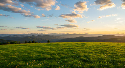 Obraz premium Scenic Mountain Landscape at Sunset - Rolling Green Hills and Dramatic Sky high quality