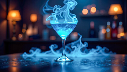 A glowing blue cocktail emits steam in a martini glass on a table in a dimly lit bar with warm, diffused lighting