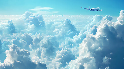  An airplane flying amidst cumulus clouds in a clear blue sky 