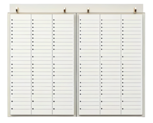 Wall-mounted staff in and out scheduling board for the office on a transparent background