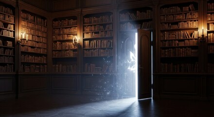 Mysterious Library Doorway Bathed in Ethereal Light