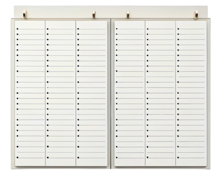 Wall-mounted staff in and out scheduling board for the office on a transparent background