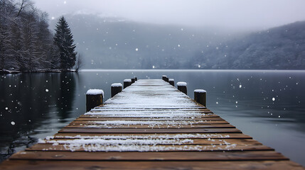  An unexpected snowfall on the planks of a dock by the serene lake 
