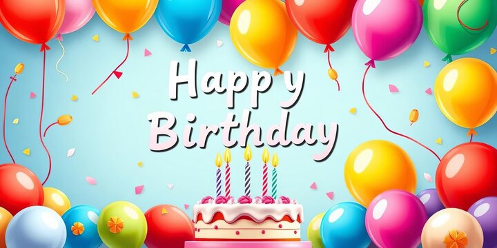 Vibrant birthday card design; balloons, cake, colorful illustration,  illustration,  festive
